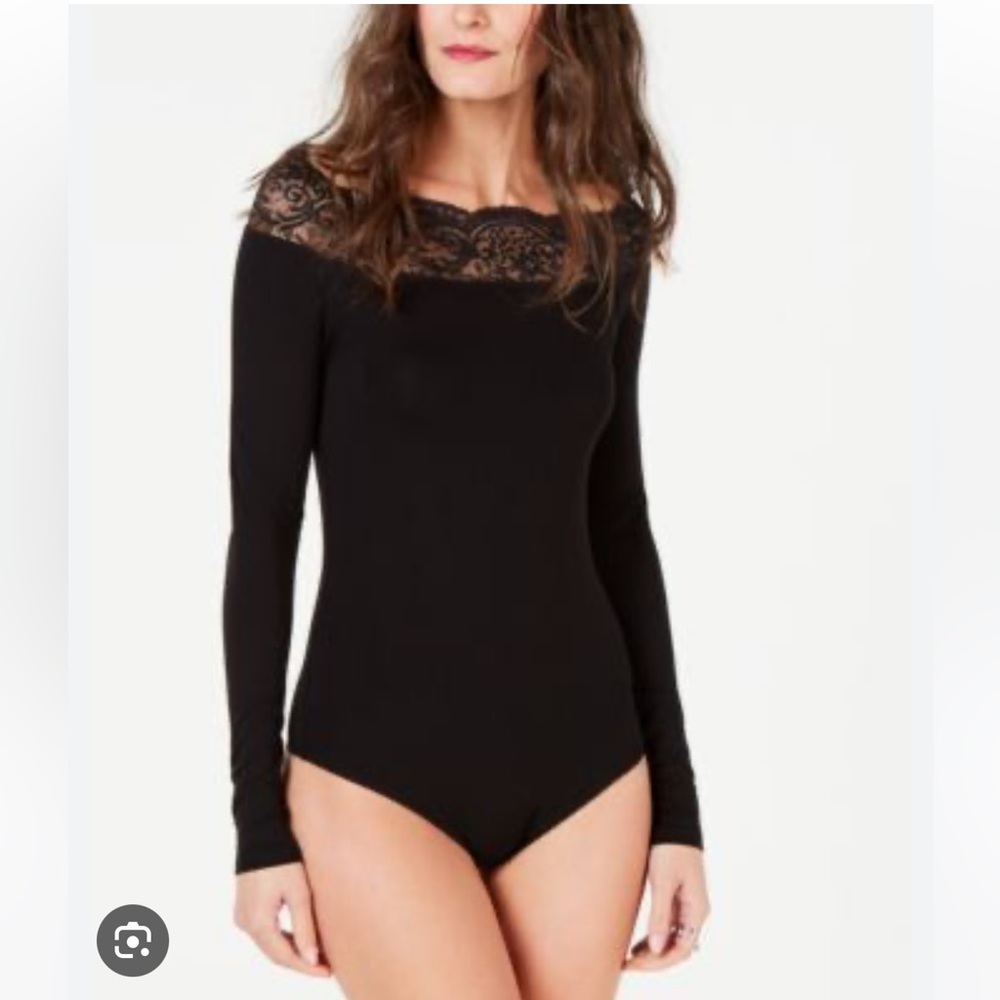 MMK Black Lace-Trim-Off-The-Shoulder Bodysuit